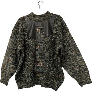 Vintage Mark Elliot Sweater Mens Large Gray Leather Trim Chunky Knit 80s Korea